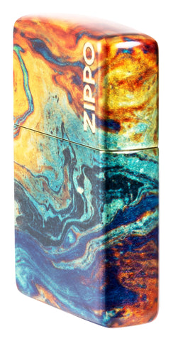 Angle shot of Zippo Colorful Design 540 Tumbled Brass Windproof Lighter showing the front and right side of the lighter.