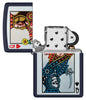 Zippo Queen Design Navy Matte Windproof Lighter with its lid open and unlit.