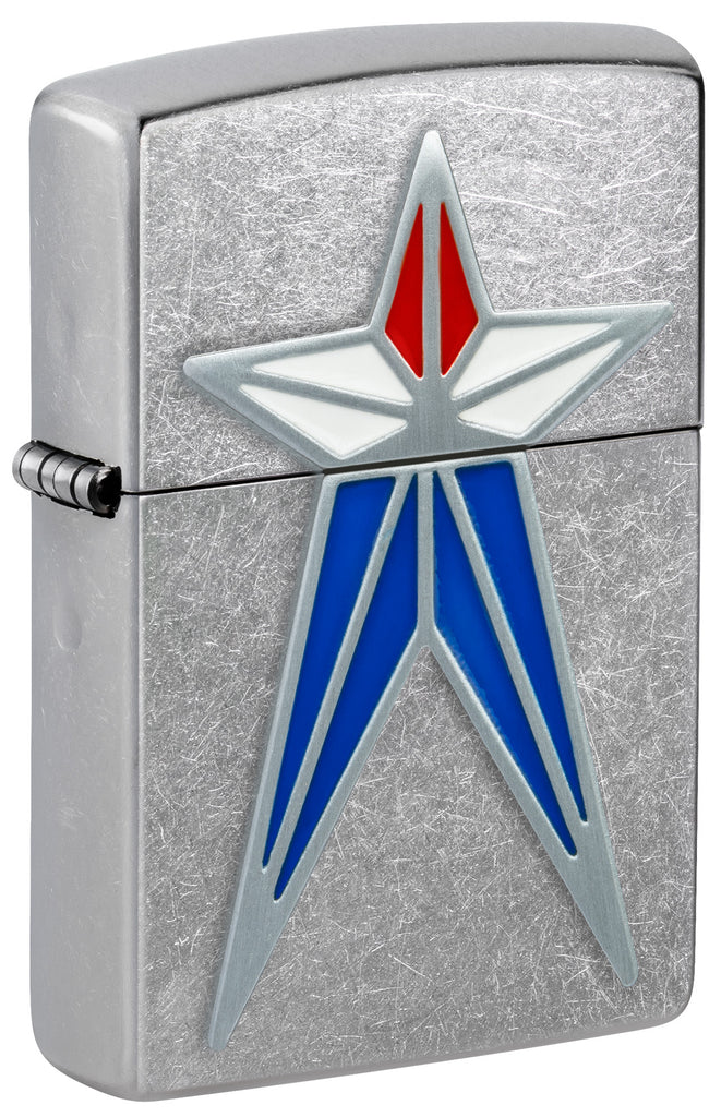 Front shot of Zippo Red White and Blue Star Street Chrome Windproof Lighter standing at a 3/4 angle.