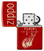 Zippo Retro Design Metallic Red Windproof Lighter with its lid open and unlit