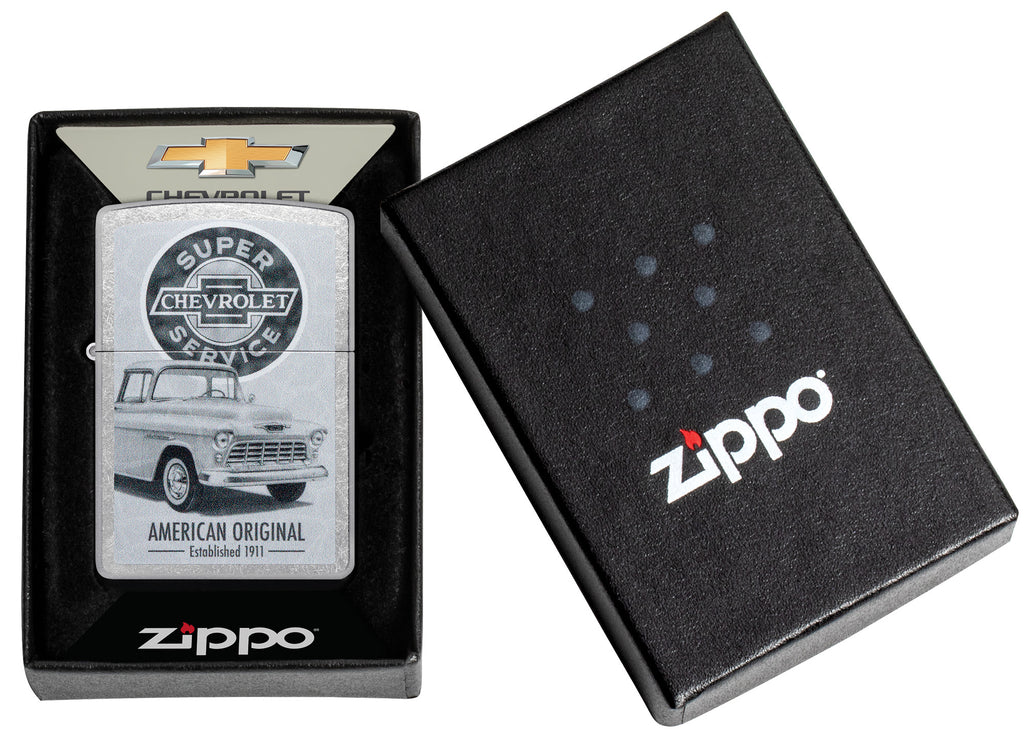 Zippo Chevrolet Street Chrome Pocket Lighter in its packaging.
