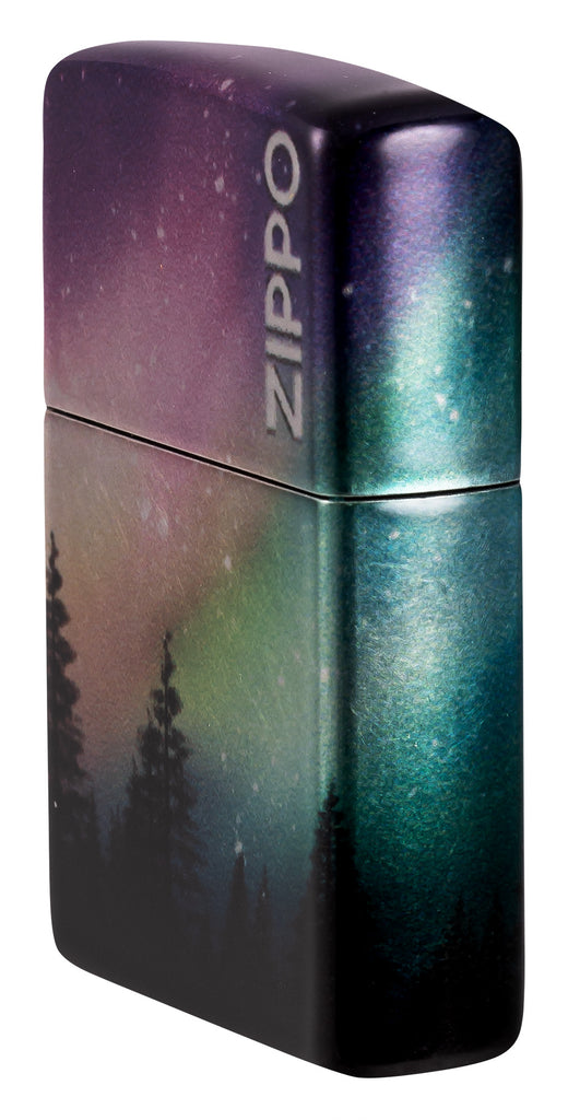 Angled shot of Zippo Colorful Sky Design 540 Tumbled Chrome Windproof Lighter showing the front and right side of the lighter.