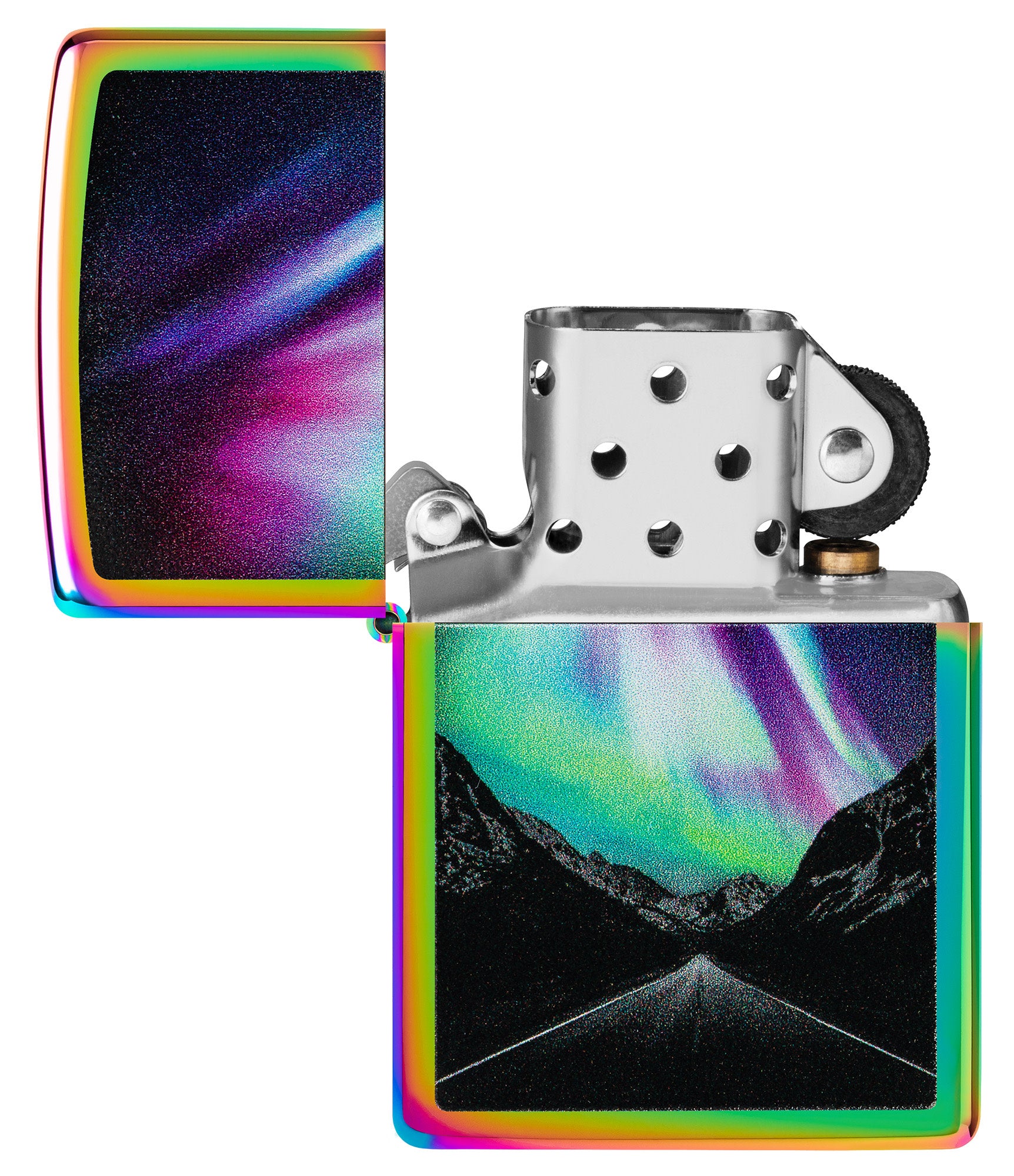 Zippo Aurora Road Design Multi Color Windproof Lighter with its lid open and unlit.