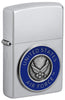 Front view of Zippo United States Air Force™ Emblem Satin Chrome Windproof Lighter standing at a 3/4 angle.