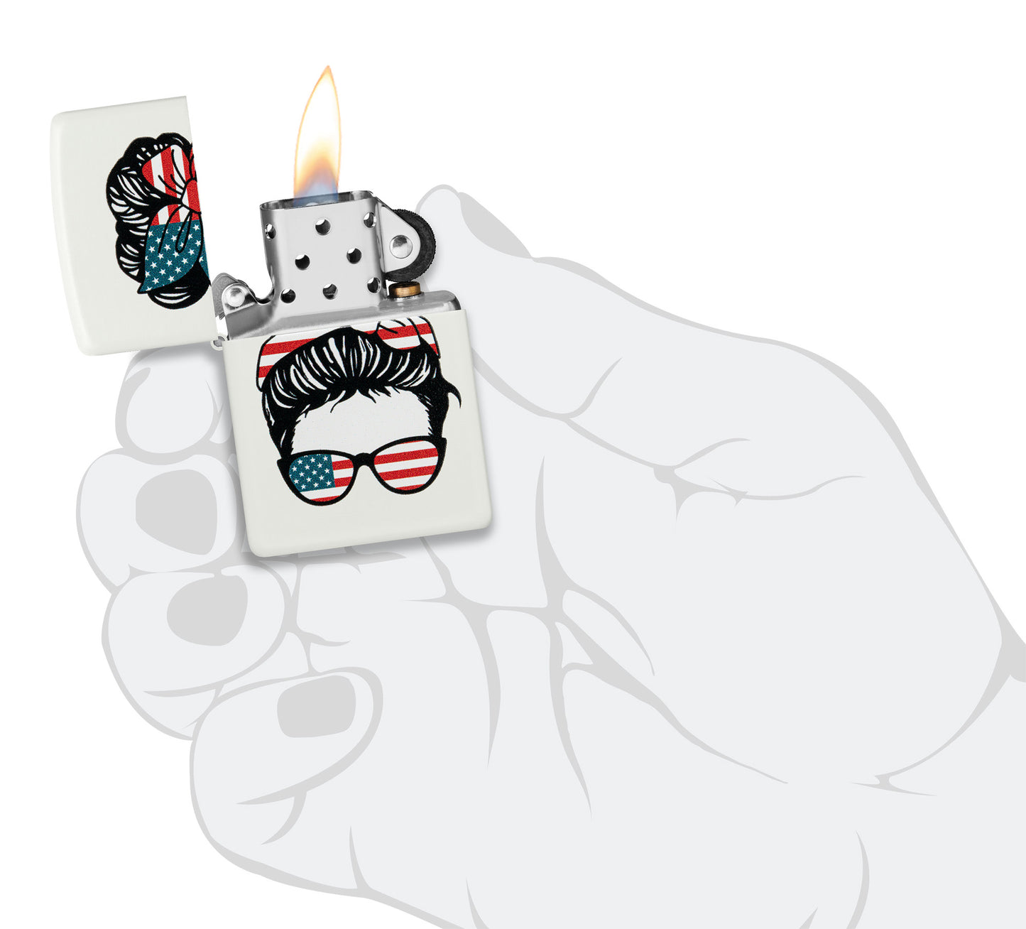 Zippo American Woman Design White Matte Windproof Lighter lit in hand.