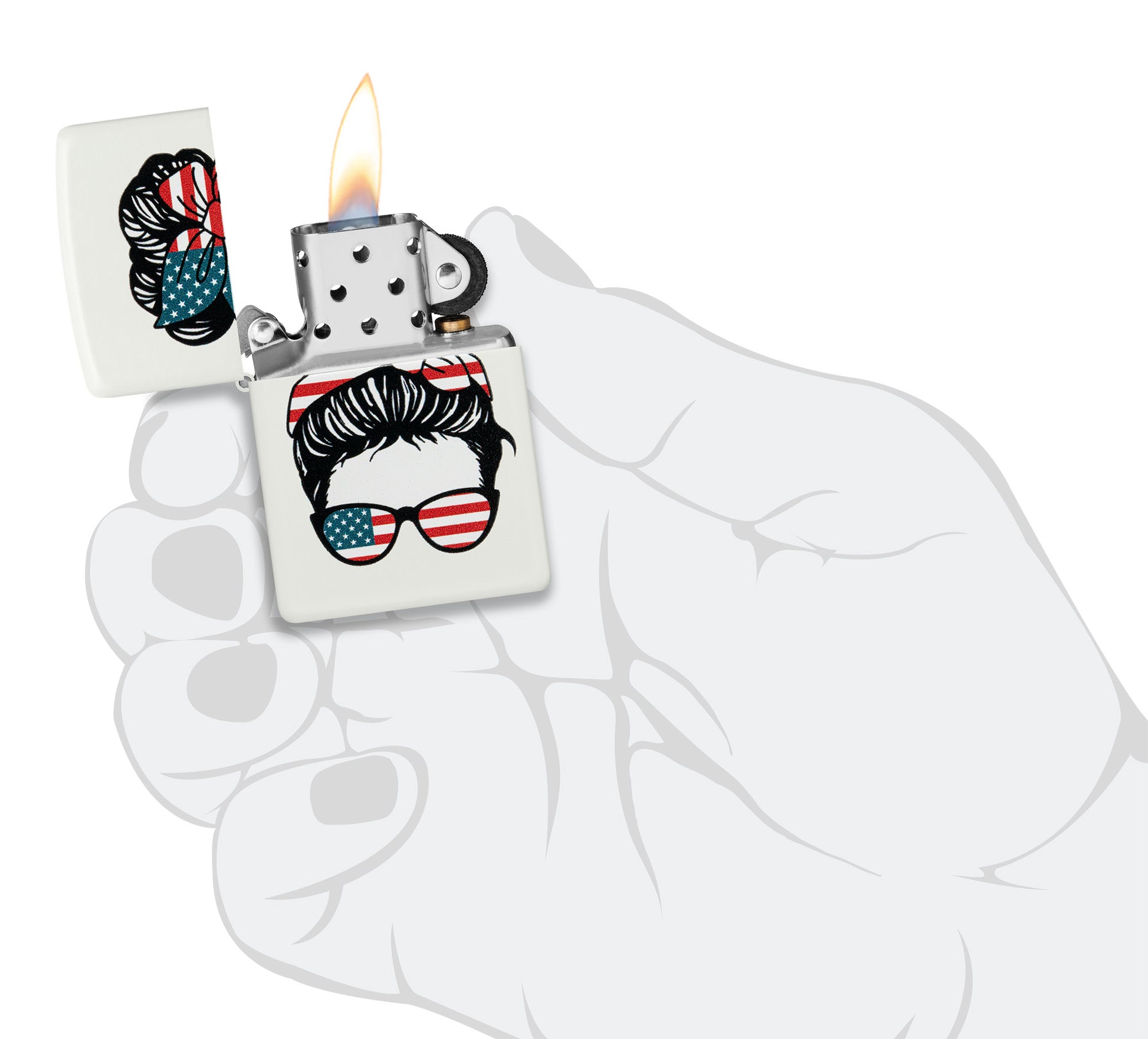Zippo American Woman Design White Matte Windproof Lighter lit in hand.