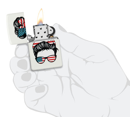 Zippo American Woman Design White Matte Windproof Lighter lit in hand.