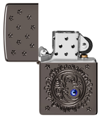 Zippo Ocean Crystal Black IceÂ® Windproof Lighter with its lid open and unlit.