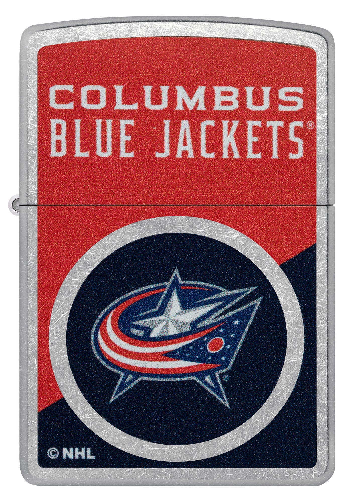 Zippo NHL® Columbus Blue Jackets® 2024 Street Chrome™ Windproof Lighter with its lid open and lit.
