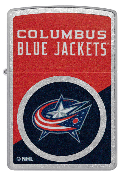 Zippo NHL® Columbus Blue Jackets® 2024 Street Chrome™ Windproof Lighter with its lid open and lit.