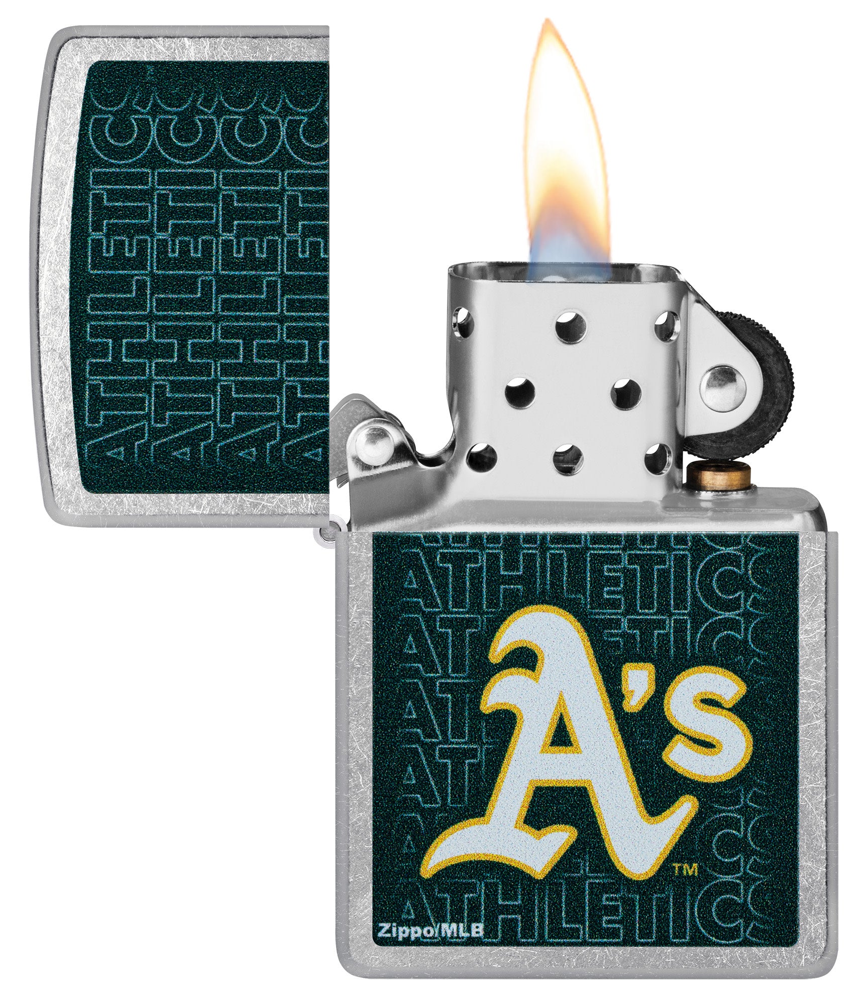 Zippo MLB® Oakland Athletics Street Chrome Windproof Lighter with its lid open and lit.
