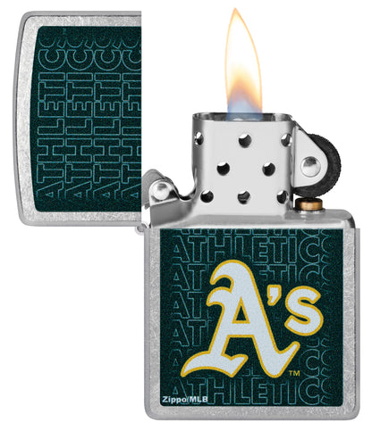 Zippo MLB® Oakland Athletics Street Chrome Windproof Lighter with its lid open and lit.