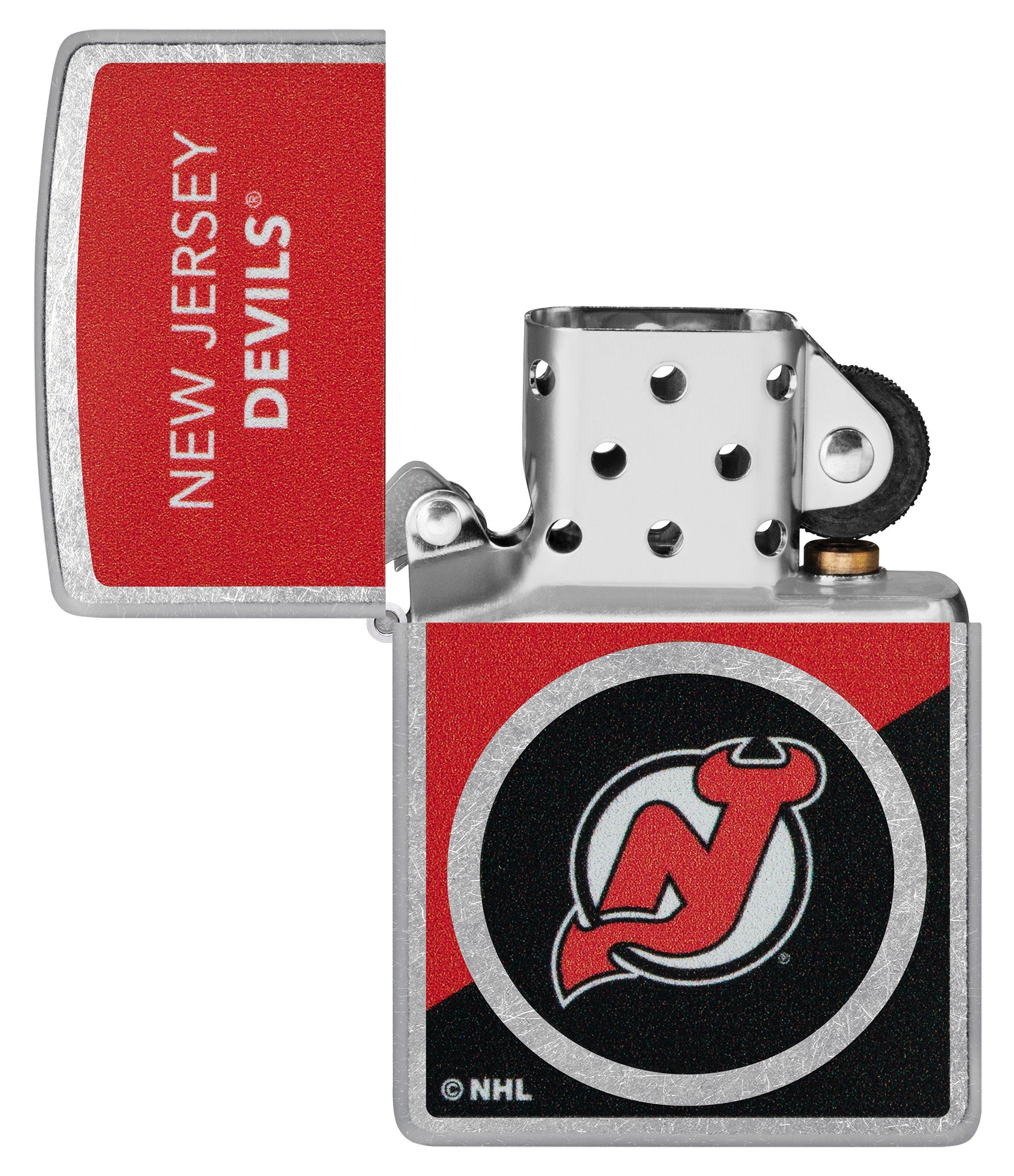 Zippo NHL® New Jersey Devils® 2024 Street Chrome™ Windproof Lighter lit in hand.