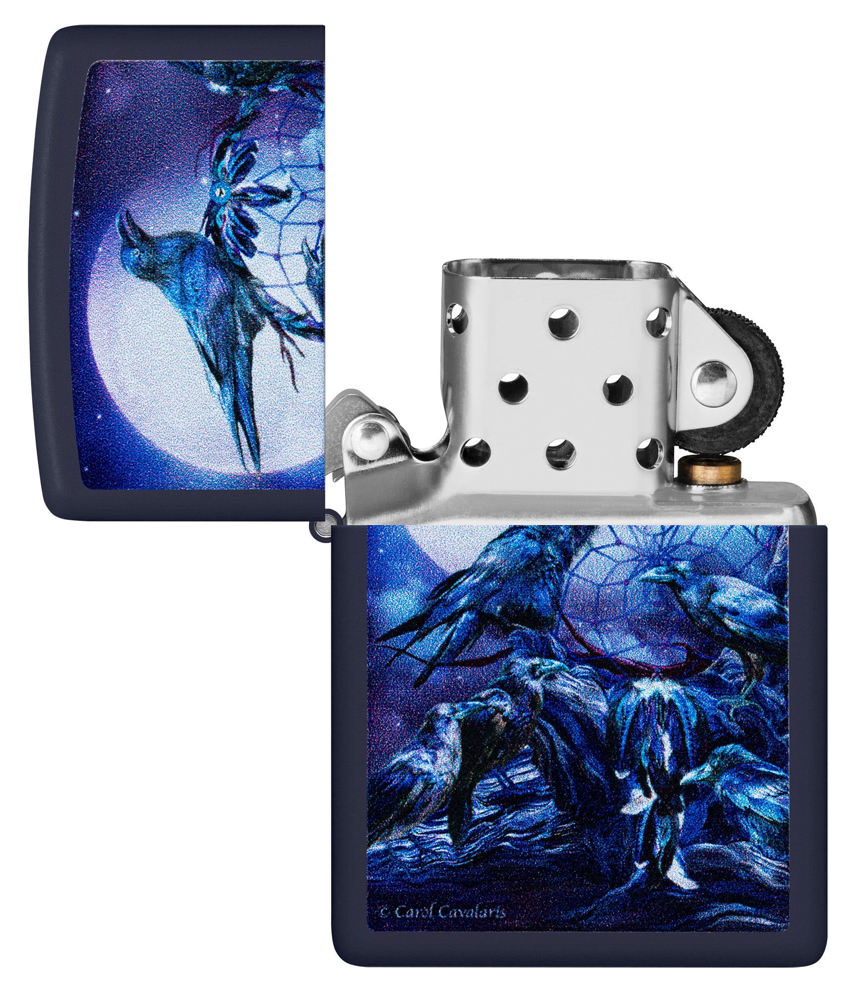 Zippo Carol Cavalaris Raven dreams Design Navy Matte Windproof Lighter with its lid open and unlit.