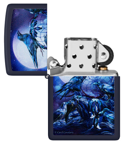 Zippo Carol Cavalaris Raven dreams Design Navy Matte Windproof Lighter with its lid open and unlit.