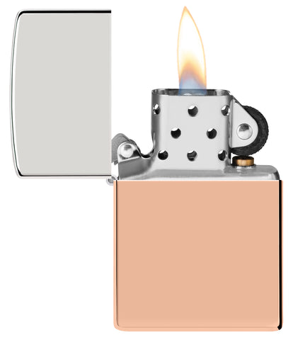Zippo Bimetal Case Lighter - Copper Lid Windproof Lighter with its lid open and lit.