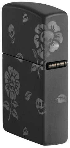 Angled shot of Zippo Flower Skulls Design Black Matte with Chrome Windproof Lighter showing the back and hinge side of the lighter.