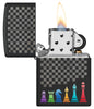 Zippo Chess Pieces Design Black Matte Windproof Lighter with its lid open and lit.