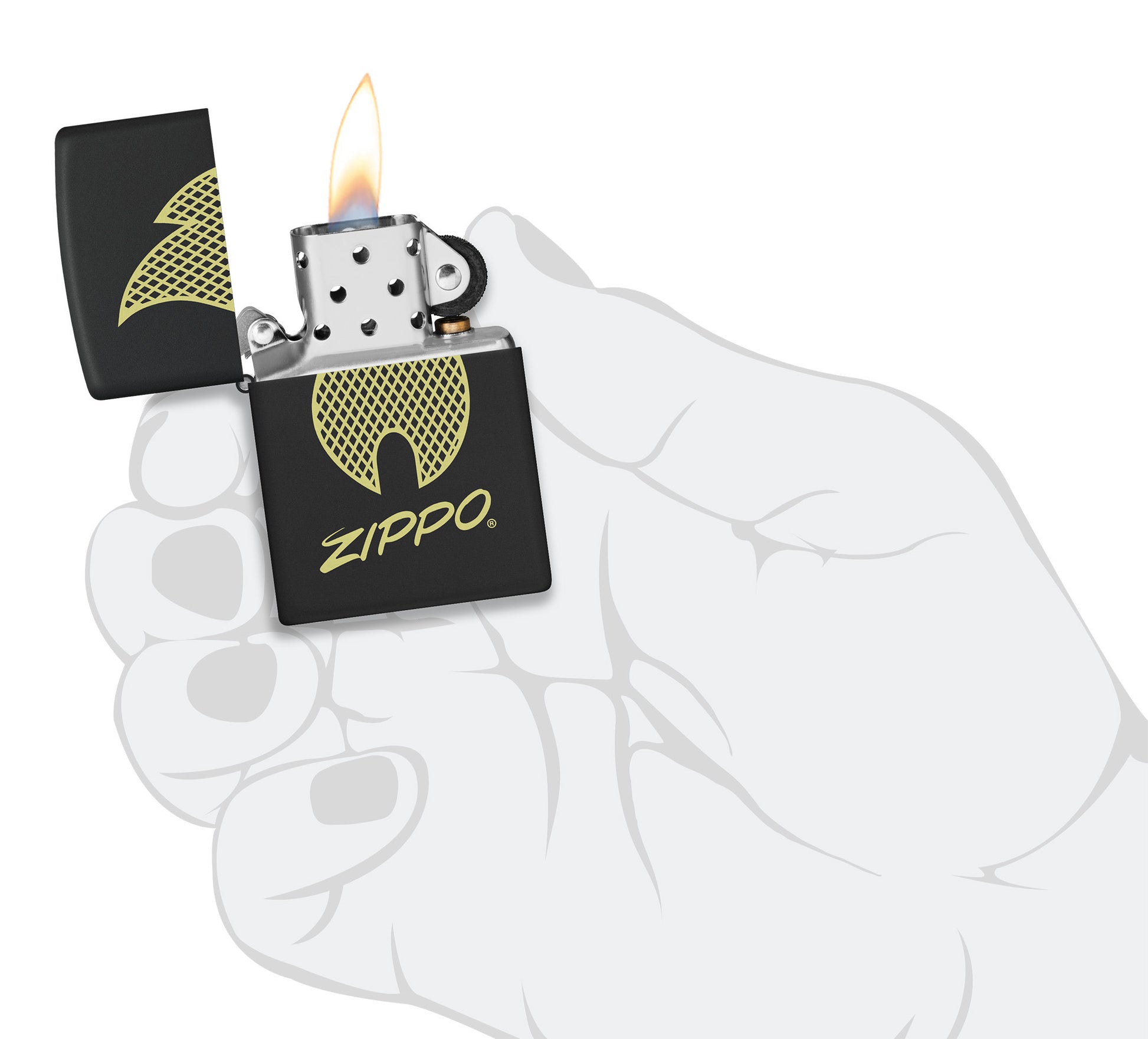 Zippo Script Logo Design Windproof Lighter lit in hand.