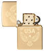 Zippo USA High Polish Brass Windproof Lighter with its lid open and unlit.