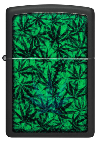 Front shot of Zippo Cannabis Design Black Light Black Matte Windproof Lighter.