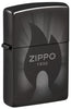 Front shot of Zippo Radiant Zippo Design High Polish Black Windproof Lighter standing at a 3/4 angle.
