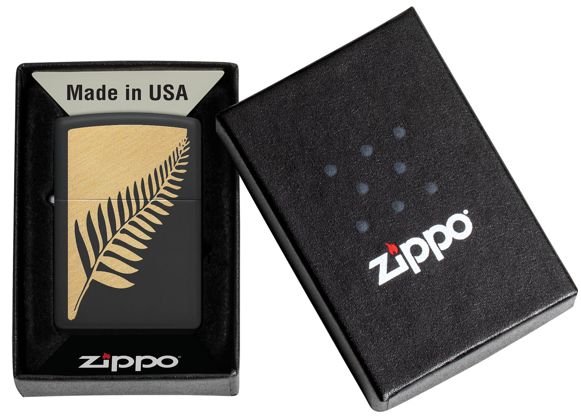 Zippo Zen Flora Design Black Matte Windproof Lighter in its packaging.