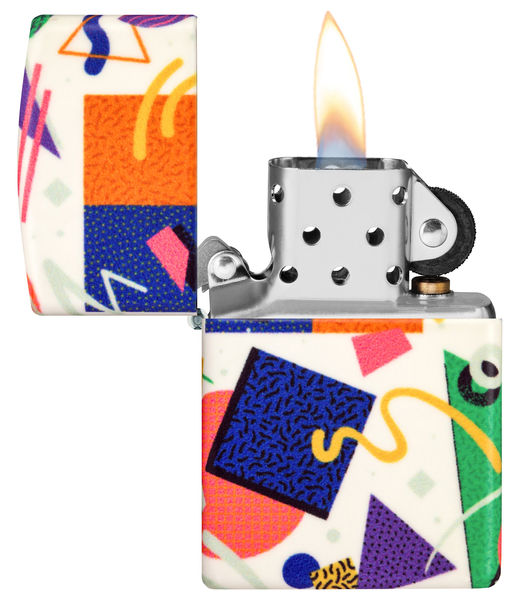 Zippo Throwback Pattern Design 540 Color Glow in the Dark Windproof Lighter with its lid open and lit.