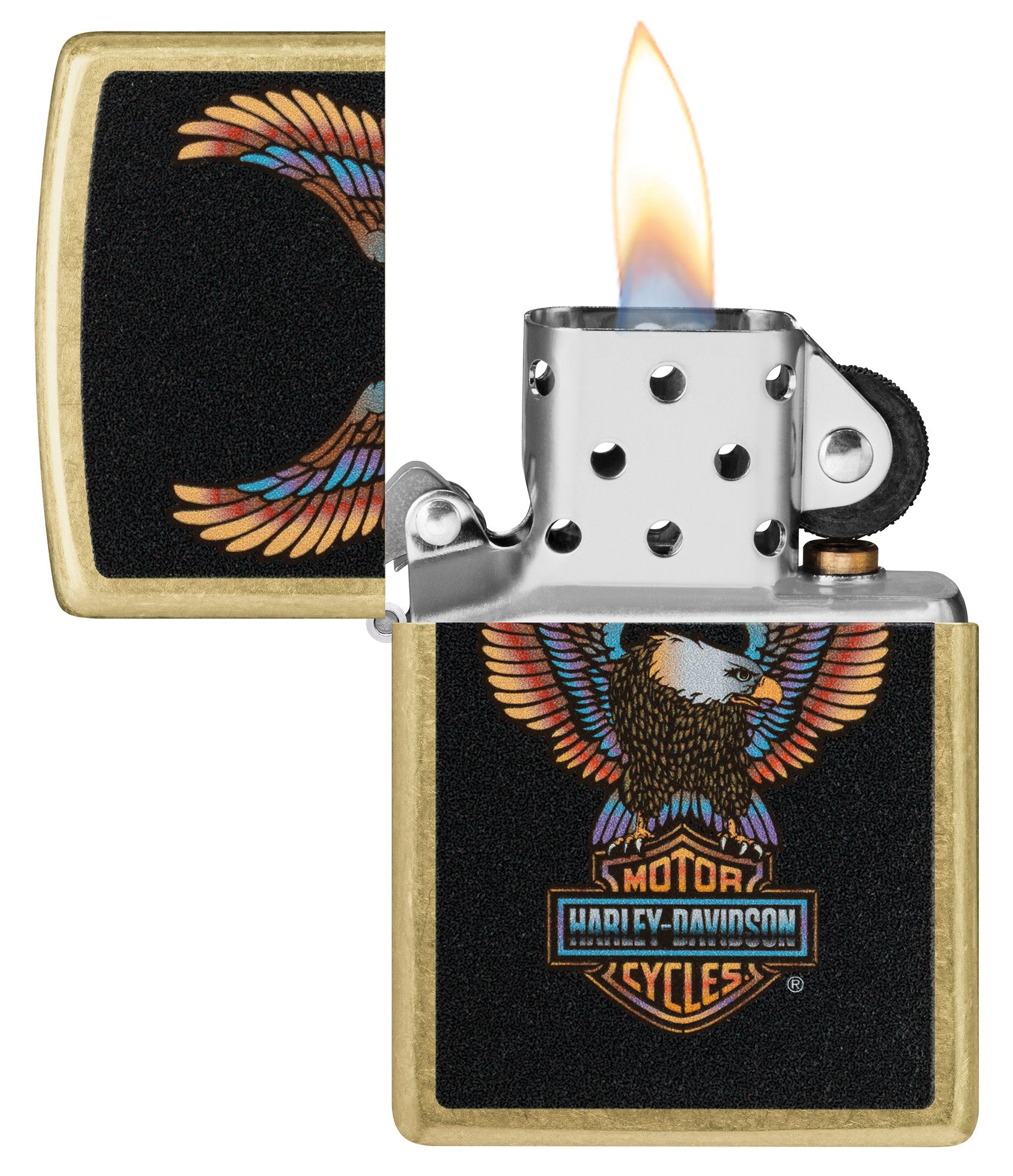Zippo Harley-DavidsonÂ® Eagle Street Brass Windproof Lighter with its lid open and lit.