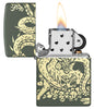 Zippo Dragon Design Green Matte Windproof Lighter with its lid open and lit.