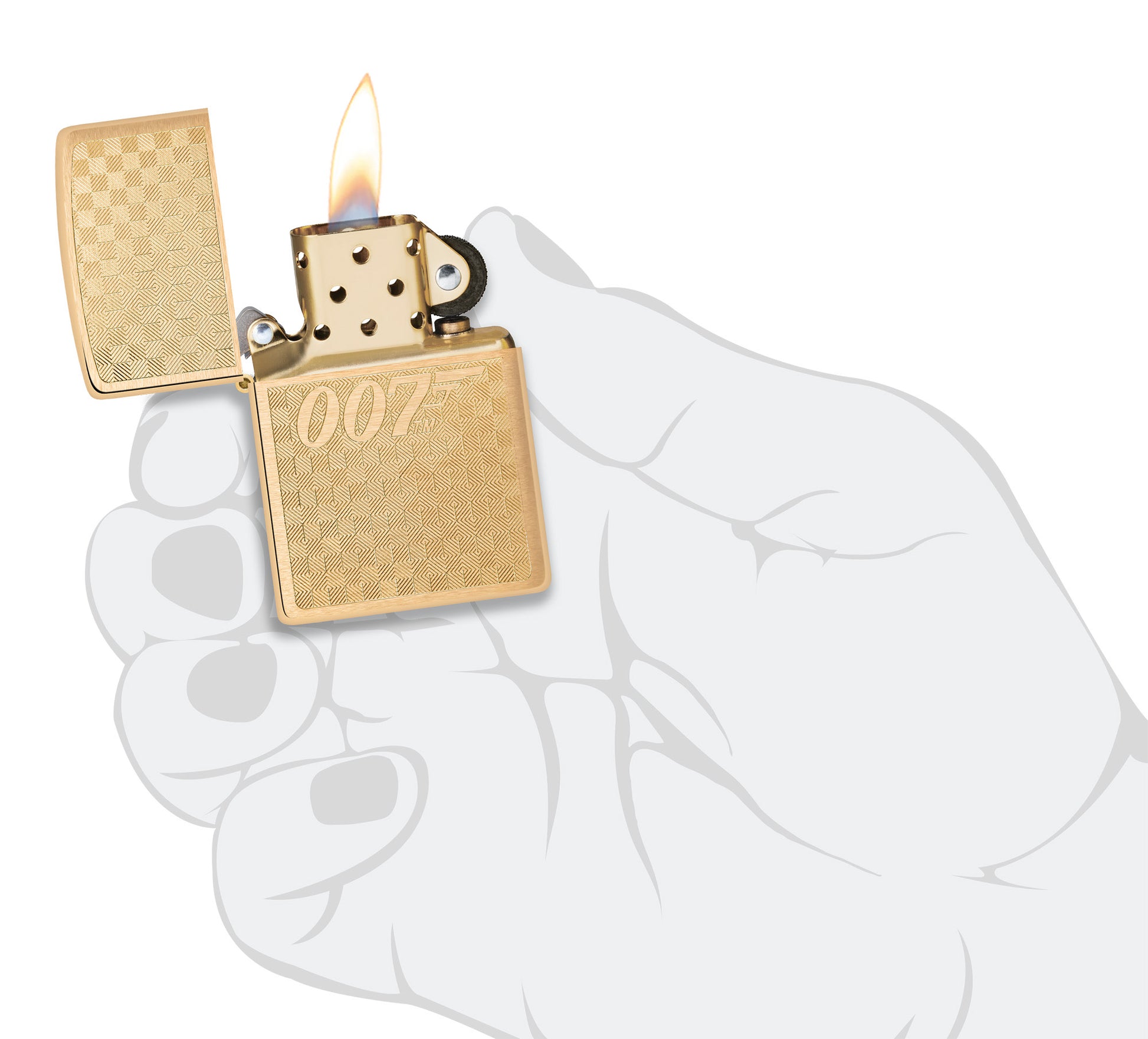 Zippo Textured James Bond 007â„¢ Design Brushed Brass Windproof Lighter lit in hand.