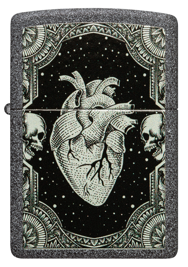 Front view of Zippo Heart Design Iron Stone Pocket Lighter.