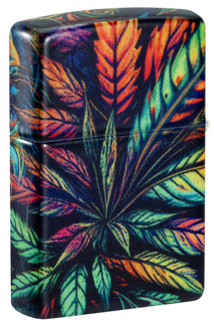 Back shot of Zippo Cannabis Camo Design 540 Matte Windproof Lighter standing at a 3/4 angle.
