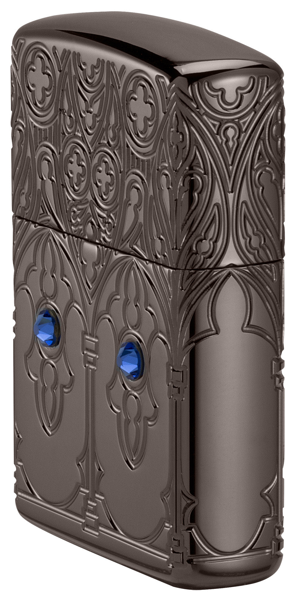 Angled shot of Zippo Gothic Window Design ArmorÂ® Black IceÂ® Windproof Lighter showing the front and right sides of the lighter.