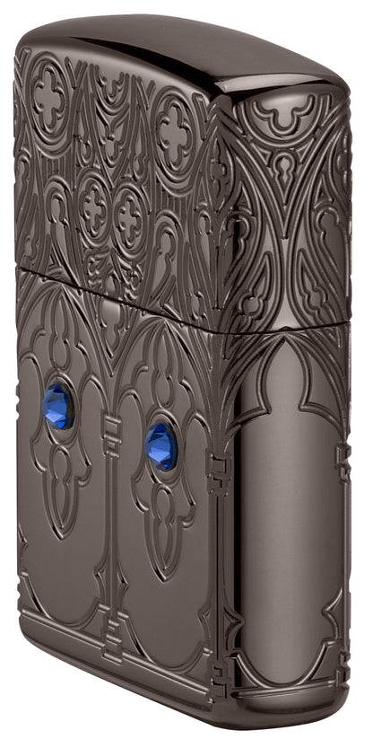 Angled shot of Zippo Gothic Window Design ArmorÂ® Black IceÂ® Windproof Lighter showing the front and right sides of the lighter.