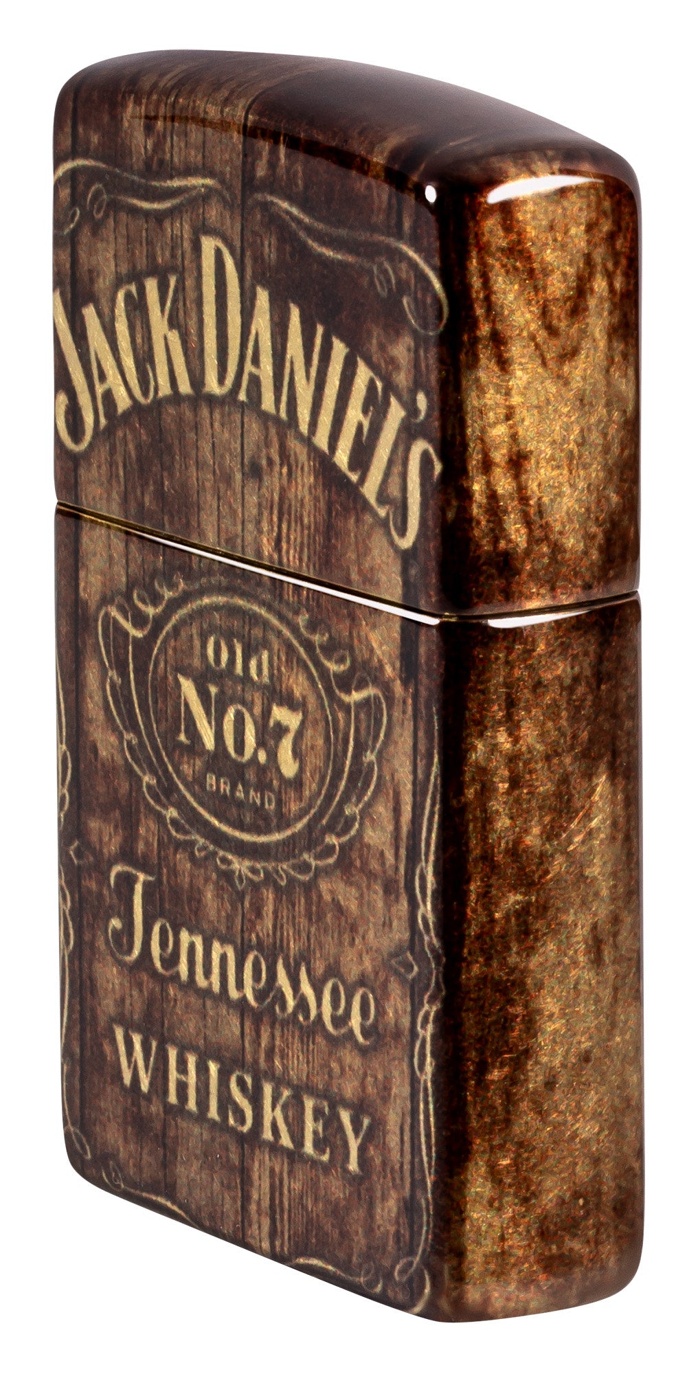 Angled shot of Zippo Jack Daniel'sÂ® Barrel Design 540 Tumbled Brass Windproof Lighter showing the front and right side of the lighter.