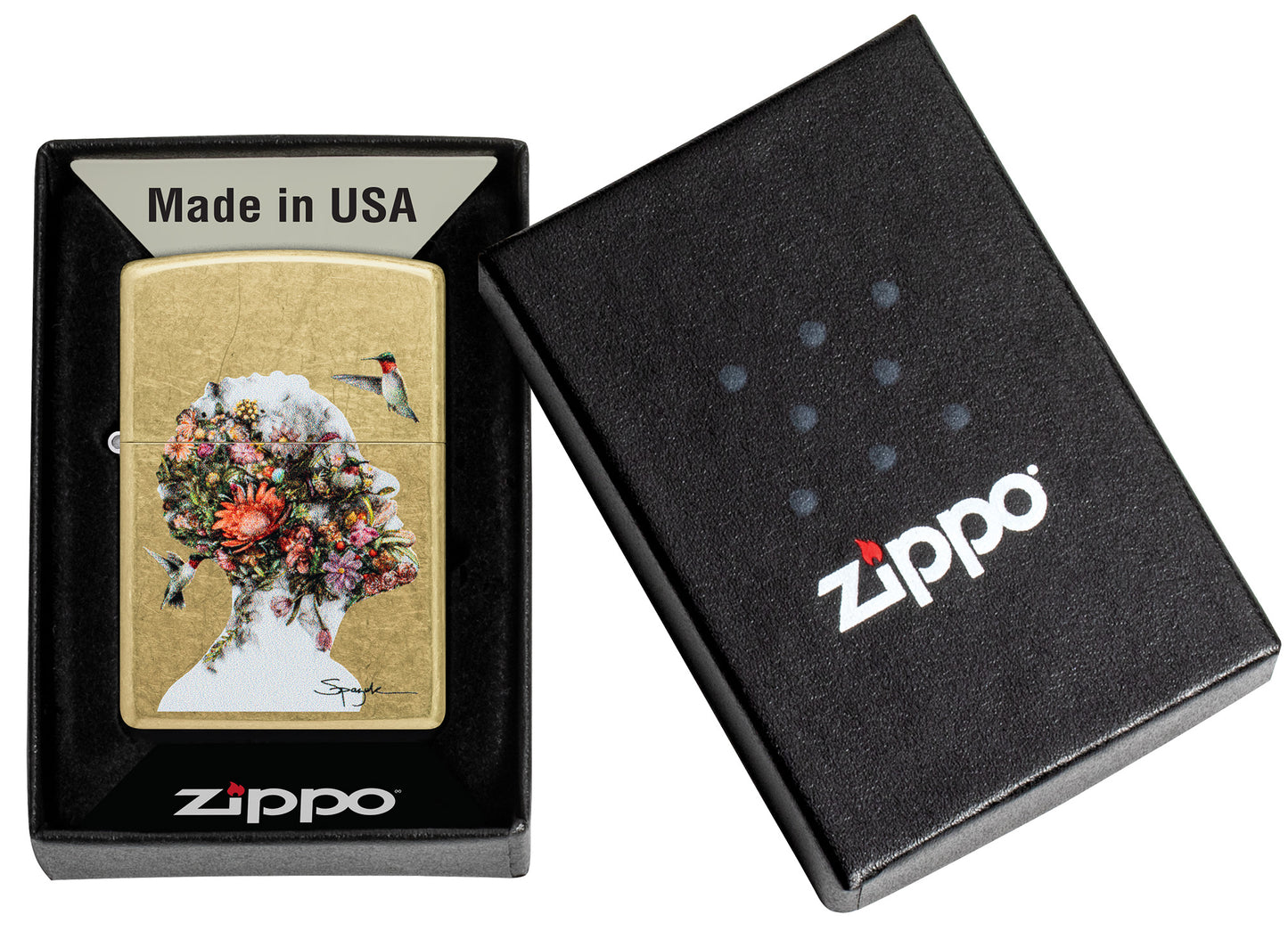 Zippo Spazuk Hummingbirds Design Street Brass Windproof Lighter in its packaging.