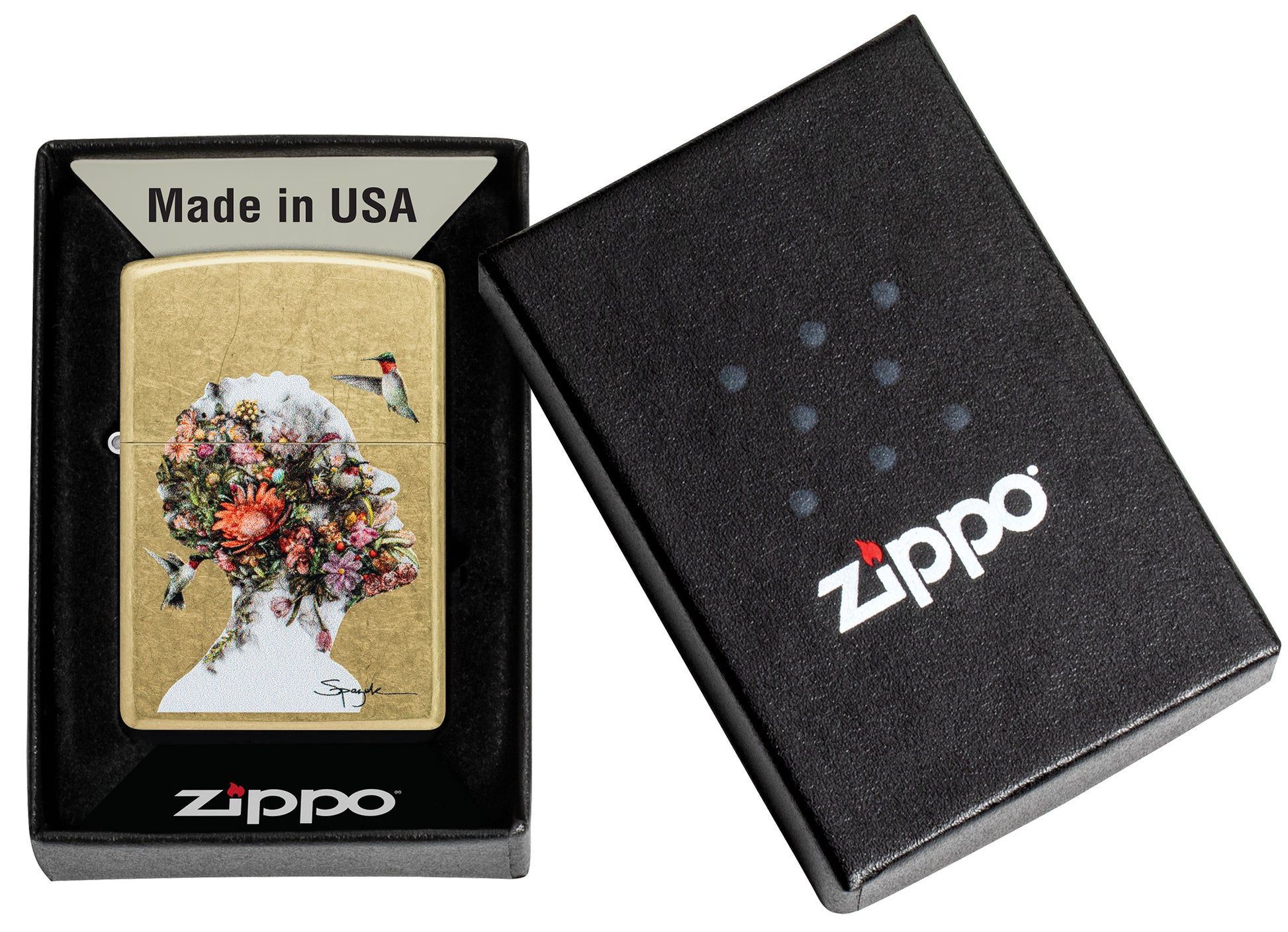 Zippo Spazuk Hummingbirds Design Street Brass Windproof Lighter in its packaging.