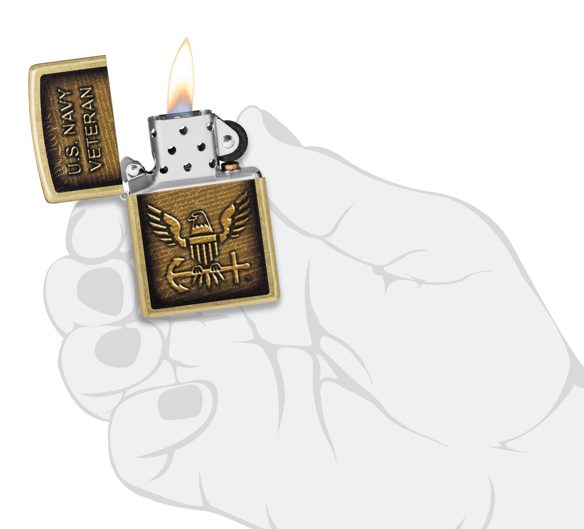 Zippo United States NavyÂ® Street Brass Windproof Lighter lit in hand.