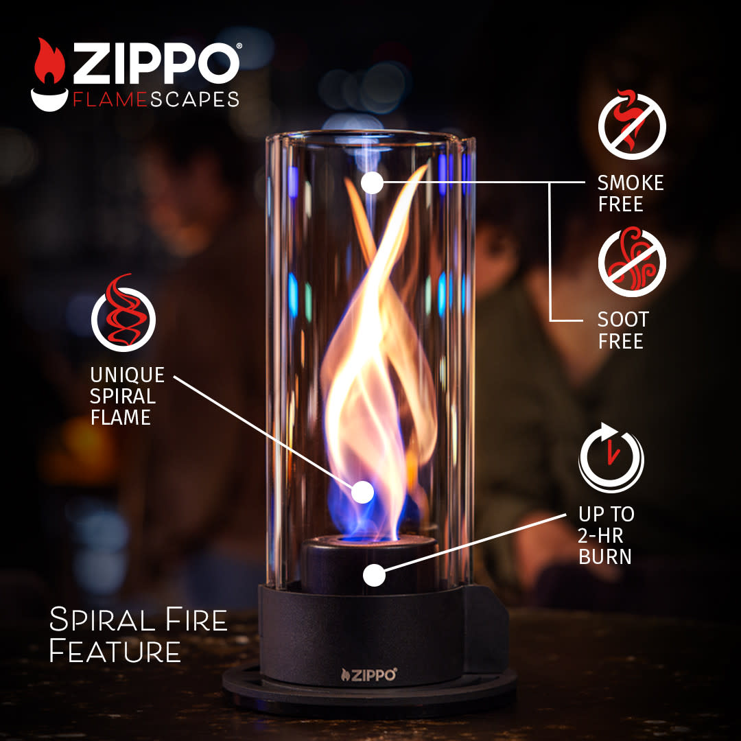 Lifestyle image of Zippo FlameScapesâ„¢ Spiral Fire Feature in black with product feature callouts.