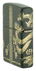 Angled shot of Zippo Dragon Design Green Matte Windproof Lighter showing the back and hinge side of the lighter.
