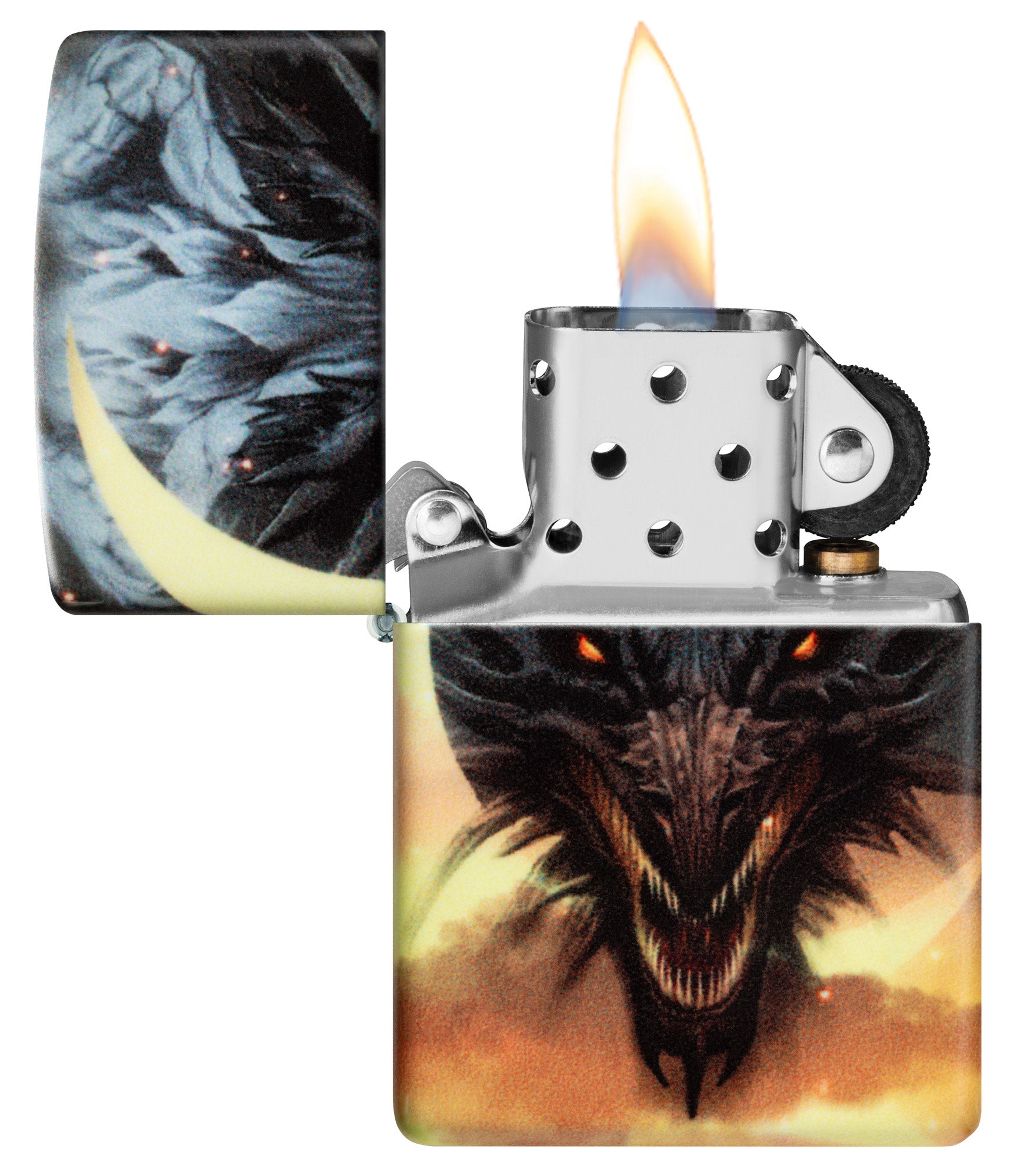 Zippo Dragon Design Glow in the Dark Green Matte Windproof Lighter with its lid open and lit.