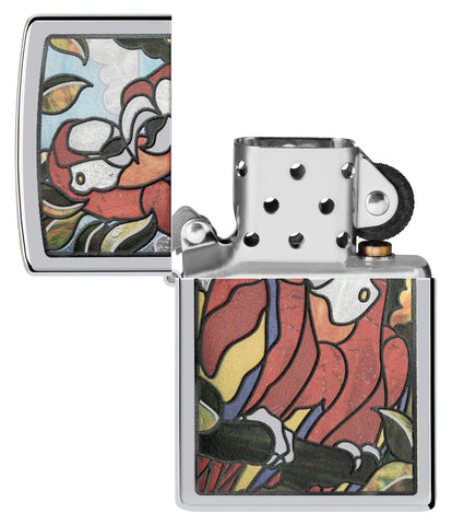Zippo Parrot Pals Design High Polish Chrome Windproof Lighter with its lid open and unlit.