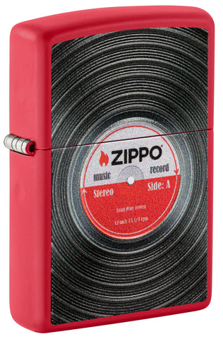 Front shot of Zippo Vinyl Record Texture Print Red Matte Windproof Lighter standing at a 3/4 angle.