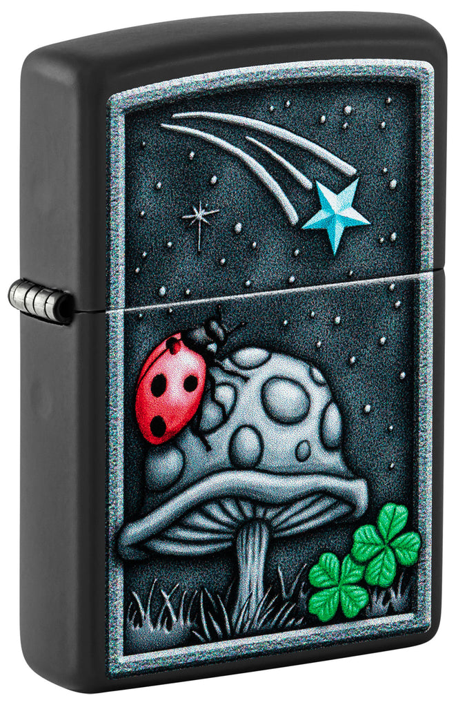 Front shot of Zippo Ladybug Design Black Matte Windproof Lighter standing at a 3/4 angle.