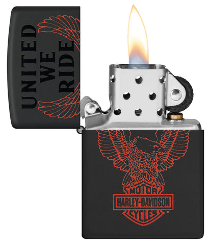 Zippo Harley-Davidson® Black Matte Windproof Lighter with its lid open and lit.