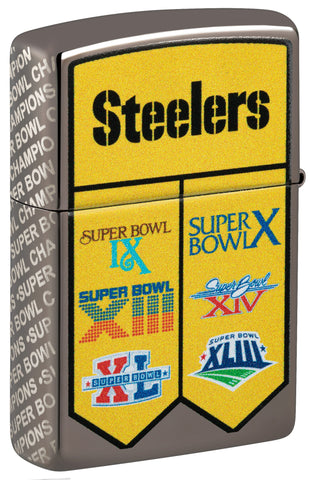 Back shot of Zippo NFL Pittsburgh Steelers Super Bowl Commemorative Armor Black Ice Windproof Lighter standing at a 3/4 angle.