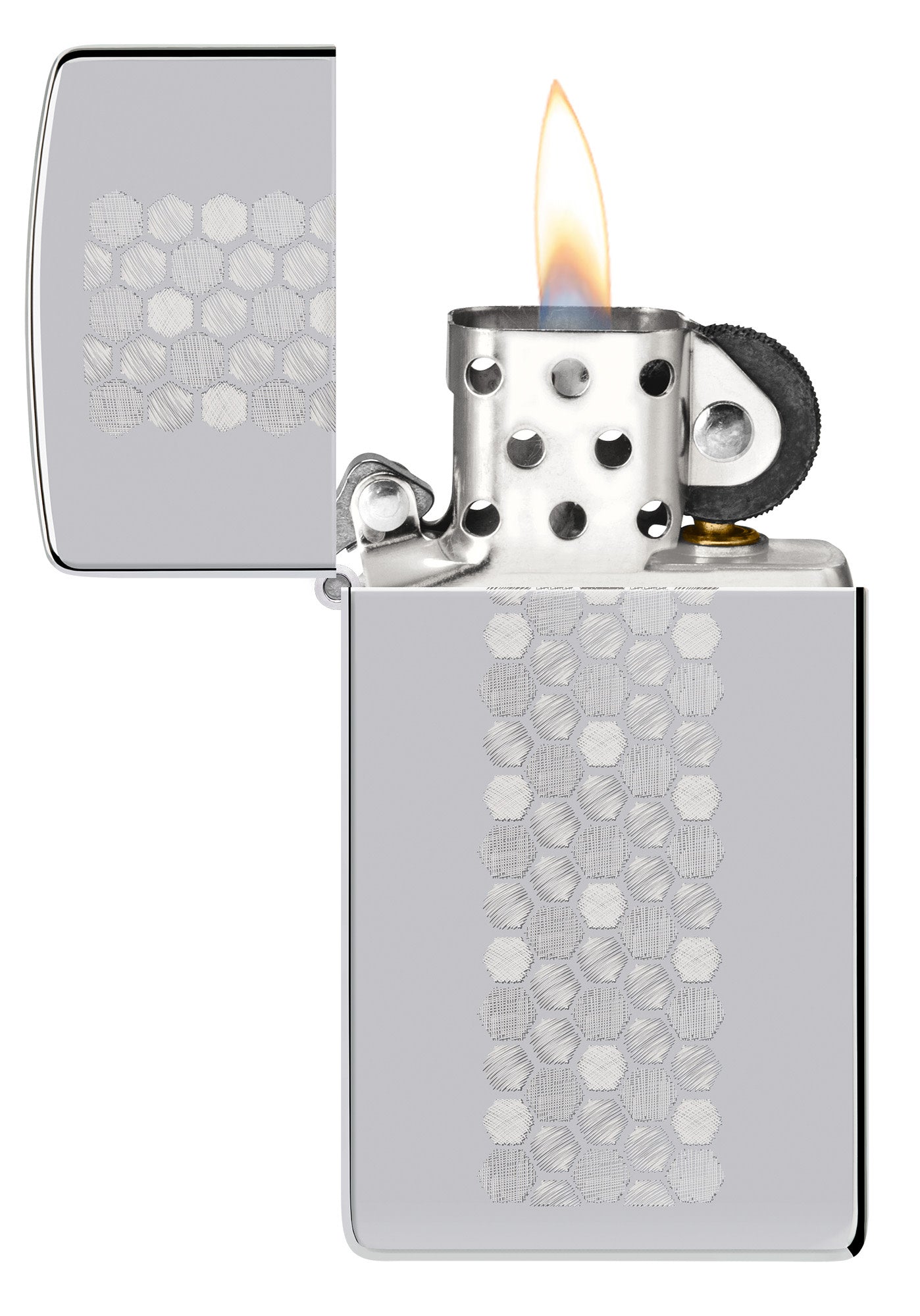 Zippo SlimÂ® Honeycomb Design High Polish Chrome Windproof Lighter with its lid open and lit.