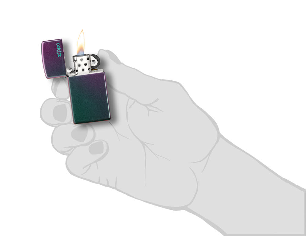 Slim Iridescent Zippo Logo Windproof Lighter lit in hand