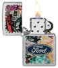 Zippo Ford Collage Street Chrome Pocket Lighter with its lid open and lit.